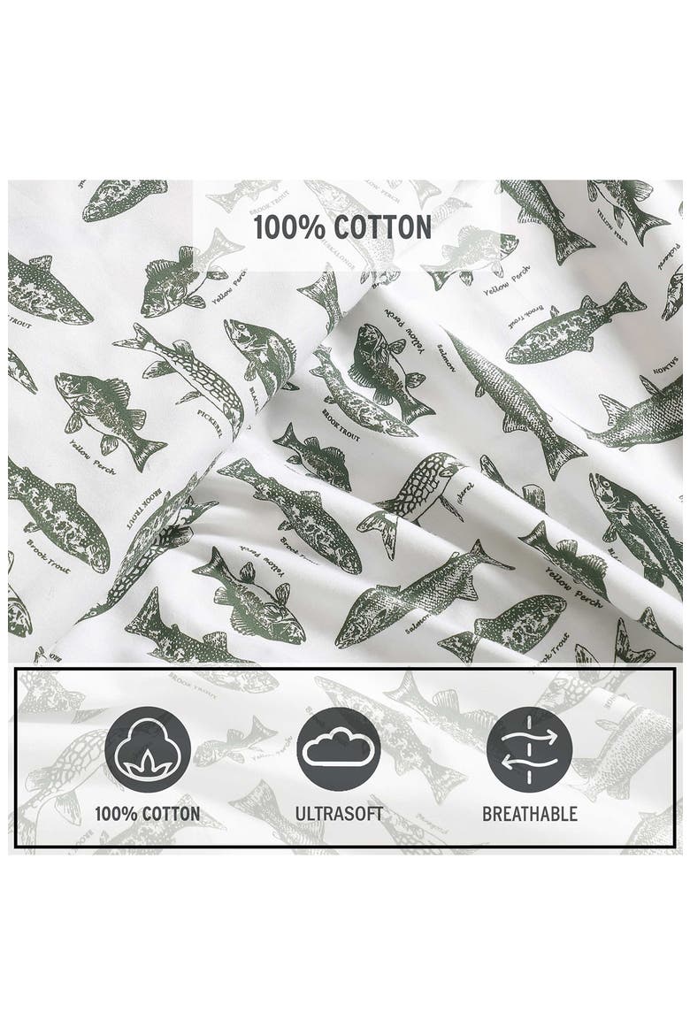 Wes Fish 200 Thread Count Cotton Percale Full Sheet Set, Alternate, color, GREEN