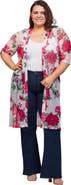 24seven Comfort Apparel White Floral Open Front Knee Length Duster Cardigan