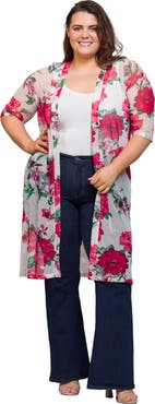 24seven Comfort Apparel White Floral Open Front Knee Length Duster Cardigan