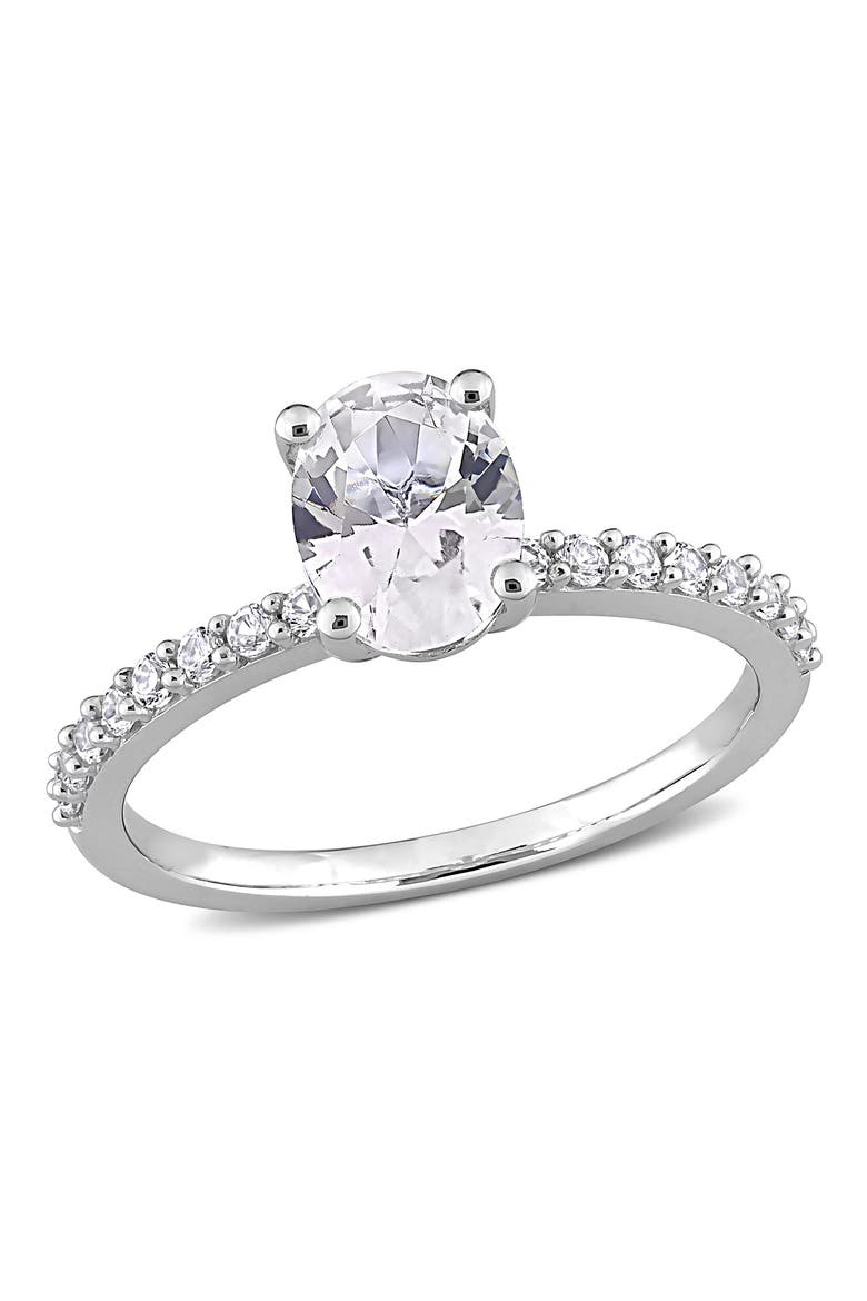 10K White Gold Plated Sterling Silver Oval Shape Created White Sapphire Ring, Main, color, SILVER
