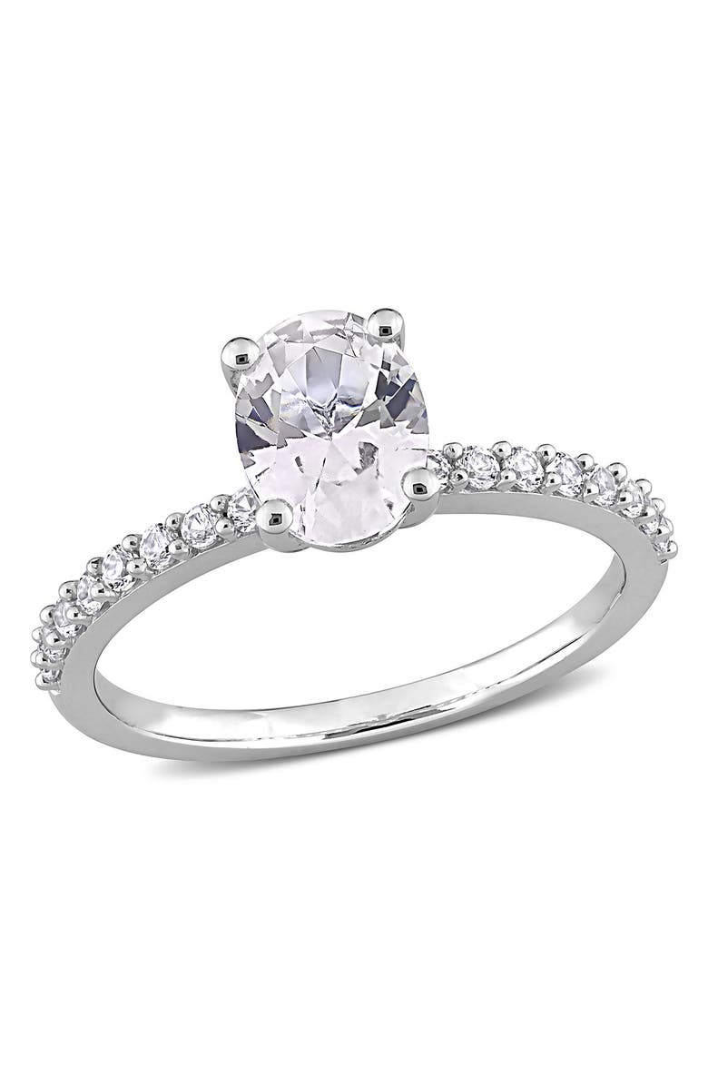 DELMAR 10K White Gold Plated Sterling Silver Oval Shape Created White Sapphire Ring, Main, color, Silver