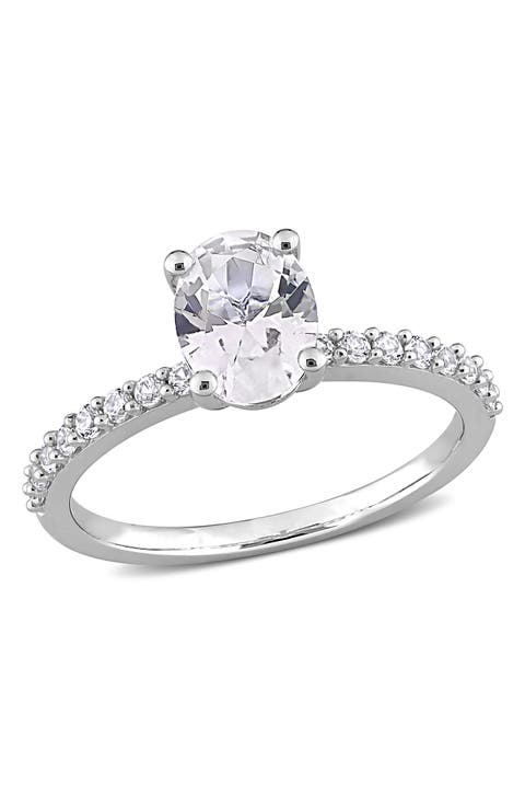10K White Gold Plated Sterling Silver Oval Shape Created White Sapphire Ring