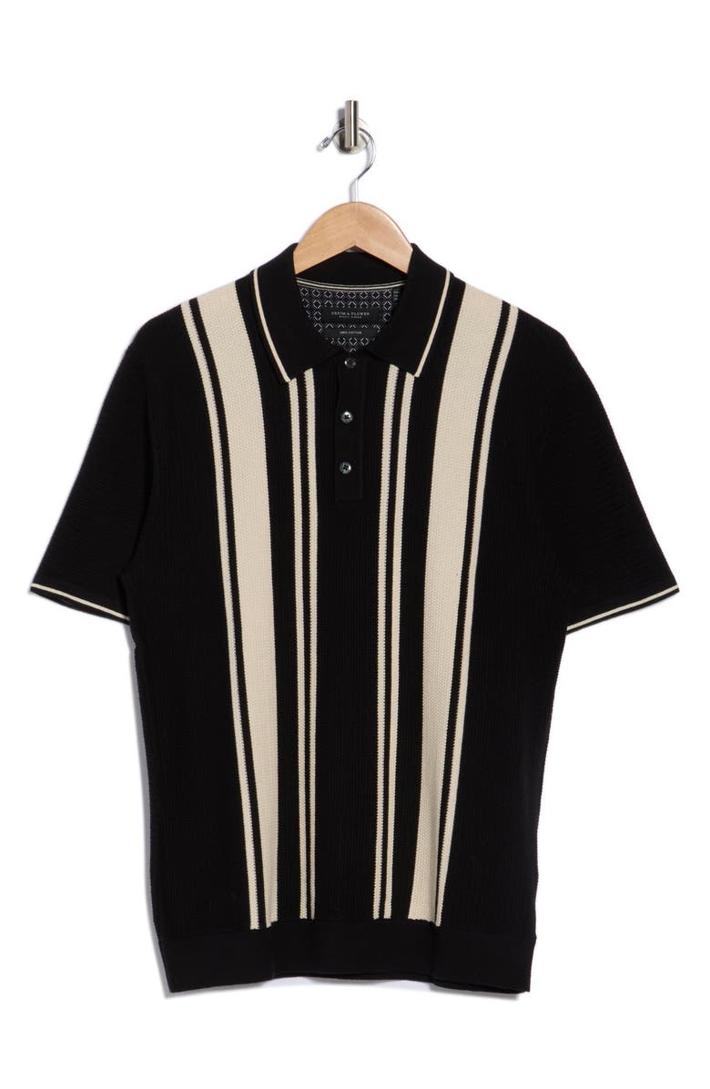 DENIM AND FLOWER Stripe Knit Polo, Main, color, Black