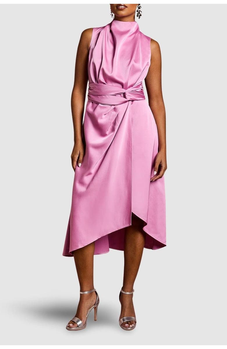 Coast Petite Satin Twist Waist Midi Dress, Alternate, color, Pink
