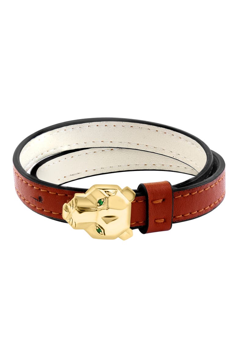 Tsavorite Panther Head Leather Strap Bracelet, Main, color, BROWN/ GOLD/ GREEN