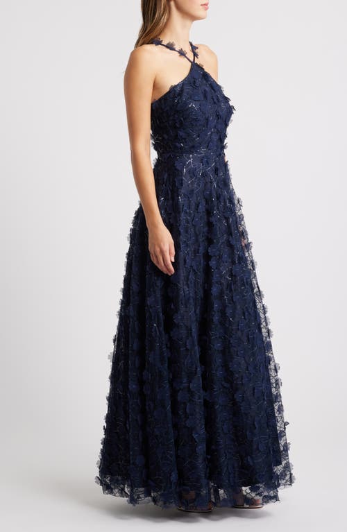 ELIZA J ELIZA J FLOATING FLOW FLORAL SEQUIN HALTER BALLGOWN 