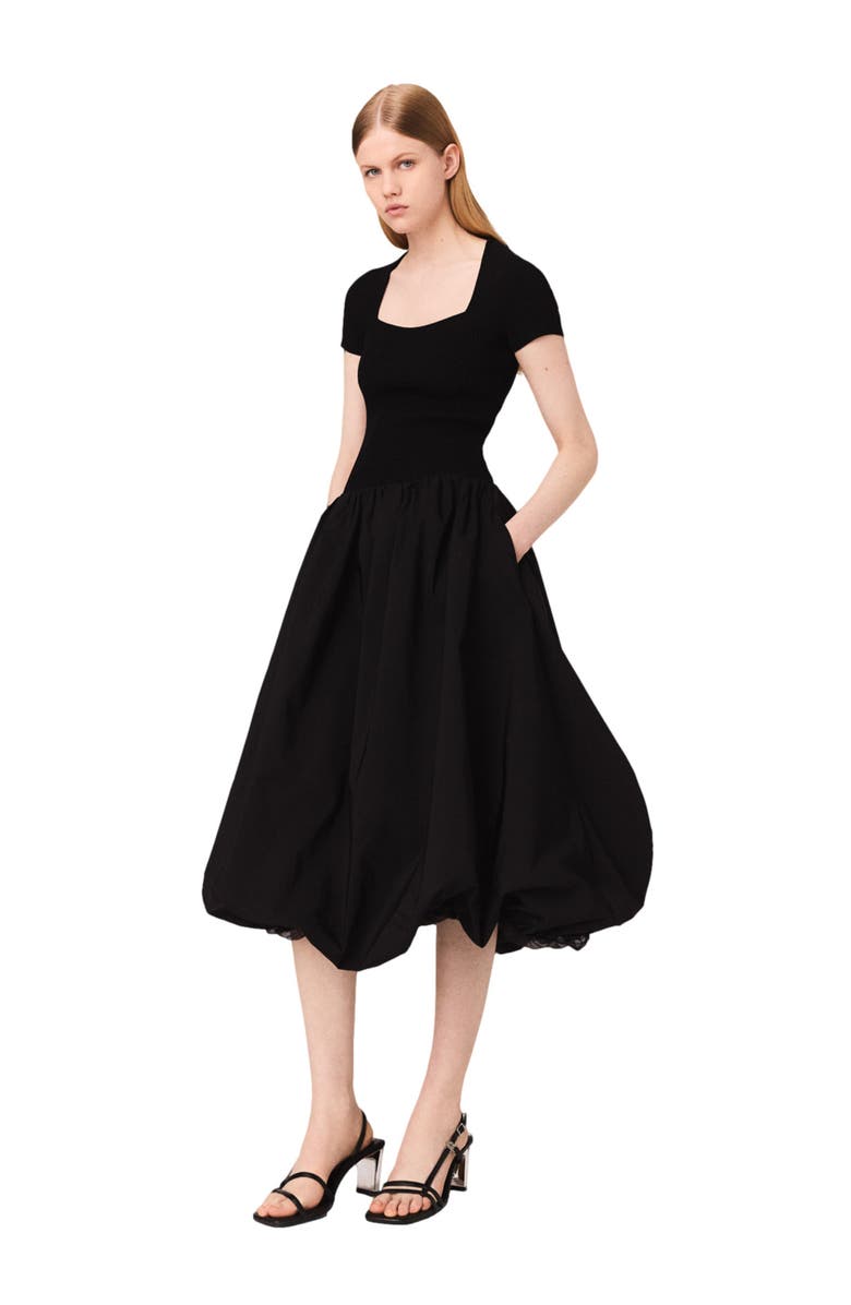 maje Long ribbed knit and taffeta dress, Main, color, Black