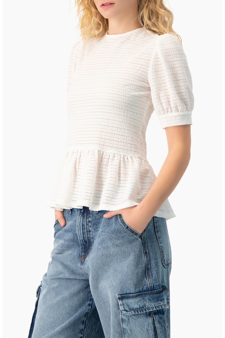 Tonal Stripe Textured See-Through Peplum Short-Sleeve Blouse, Alternate, color, White