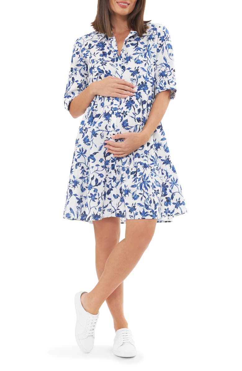 Ripe Maternity Bella Linen Maternity Shirt Dress, Main, color, White / Lapis