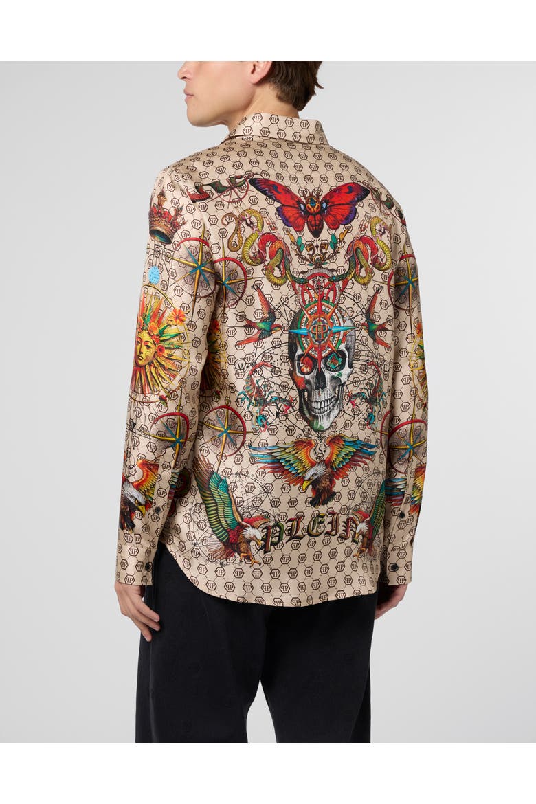 Silk Pajamas Shirt Monogram Tattoo Men, Alternate, color, beige