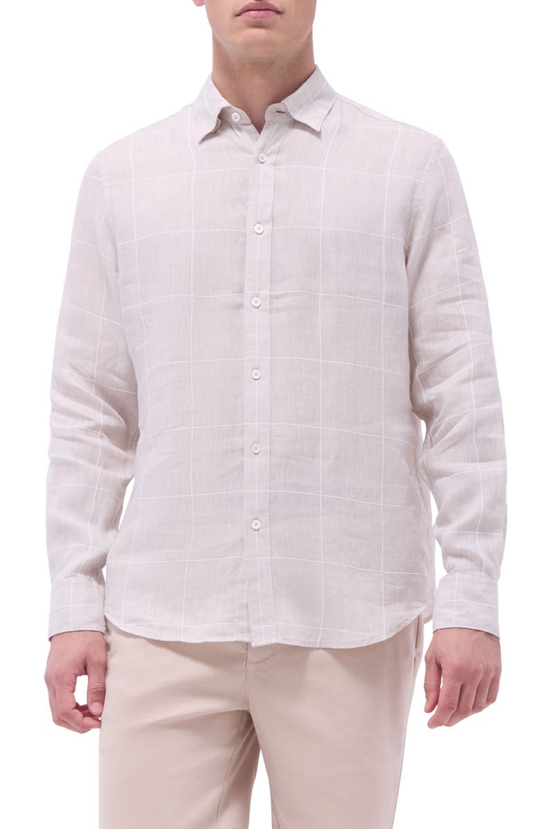 Bugatchi Julian Windowpane Check Linen & Cotton Button-Up Shirt, Main, color, Sand