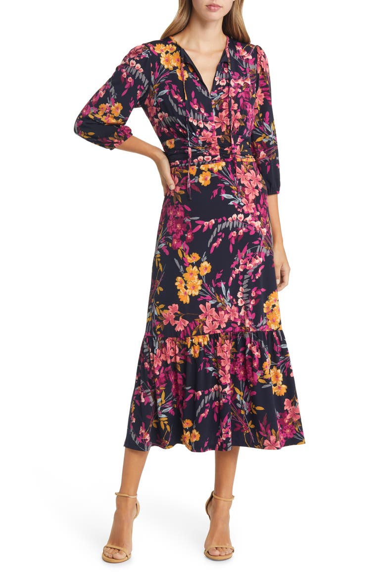 Floral Print Ruched Midi Dress, Main, color, DARK NAVY/ DUSTY CORAL