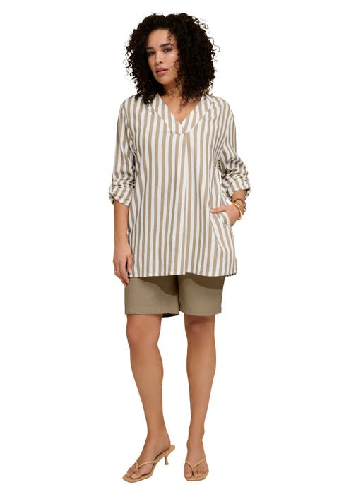 Plus Size Linen Blend Y Neck Roll Tab Sleeve Tunic