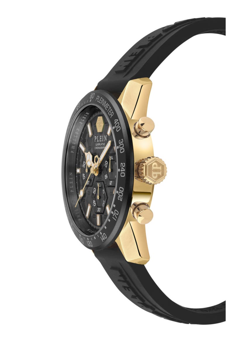 Pleinmeter Chronograph Silicone Strap Watch, 44mm, Alternate, color, IP YELLOW GOLD