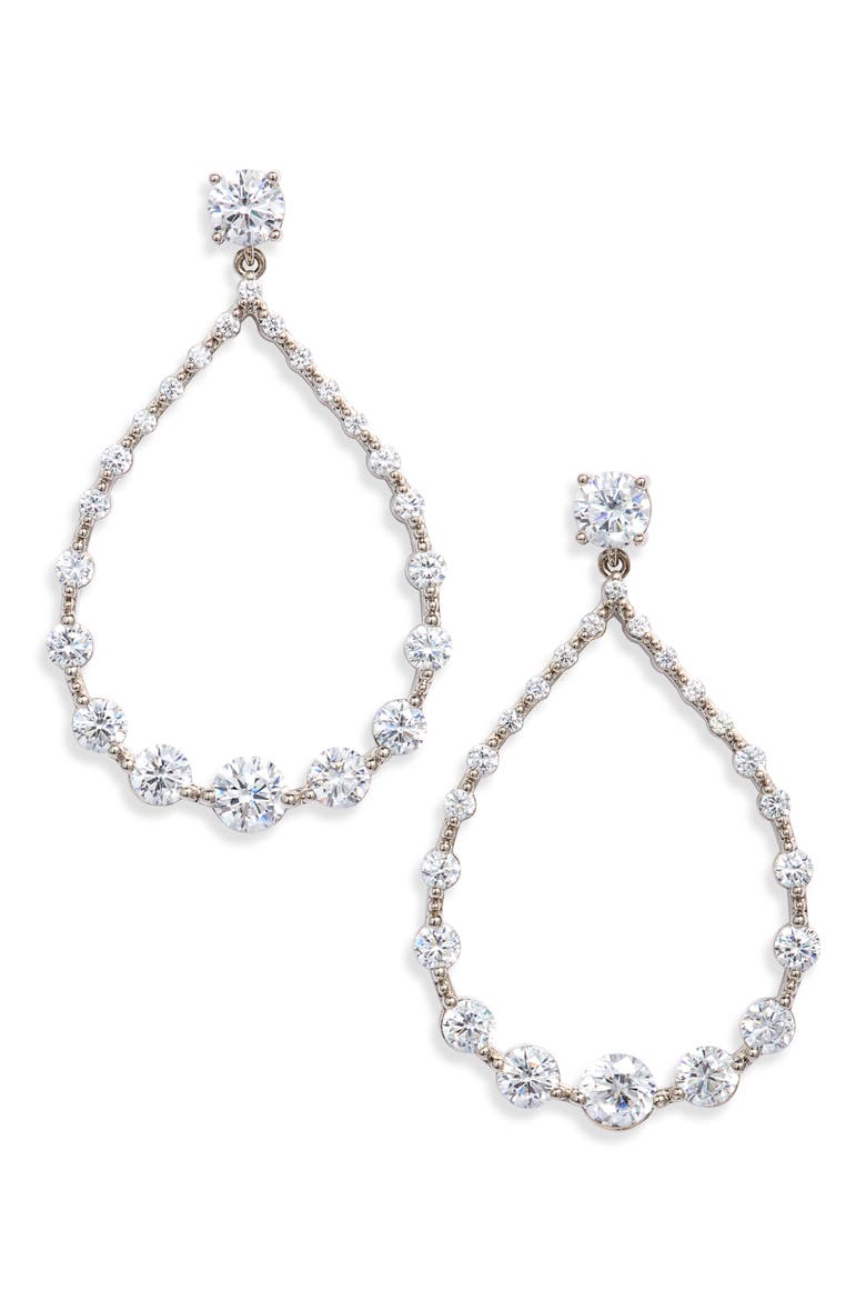 Graduated Cubic Zirconia Frontal Hoop Earrings, Main, color, CLEAR- SILVER