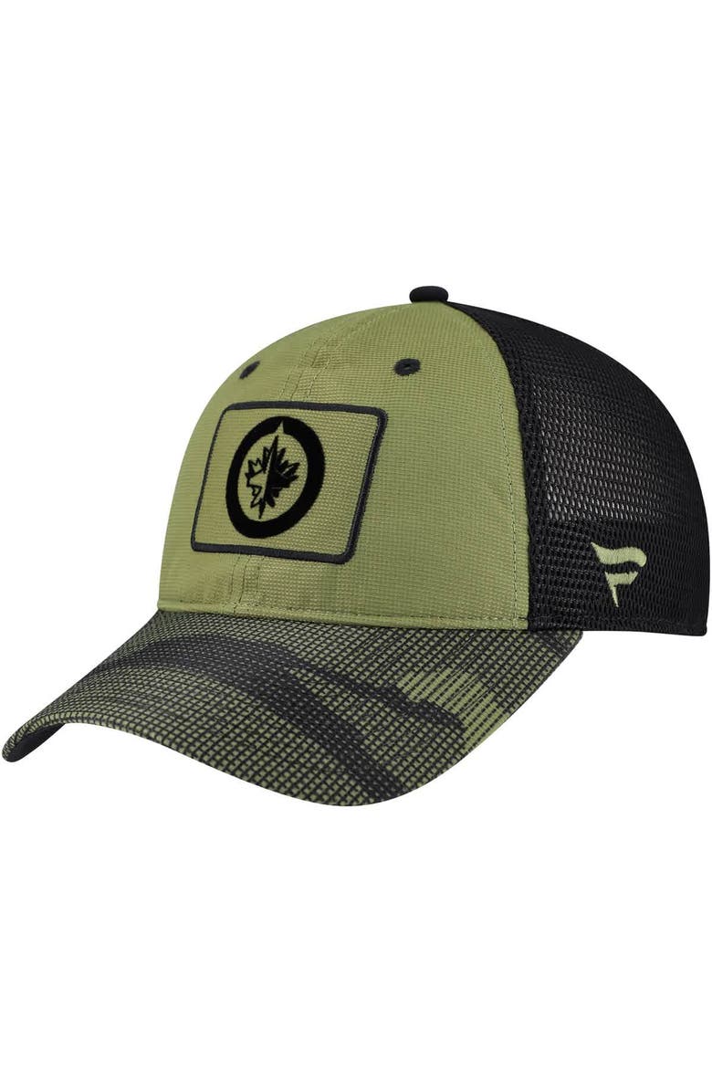FANATICS Men's Fanatics  Olive Winnipeg Jets Military Appreciation Trucker Adjustable Hat, Alternate, color, Olive