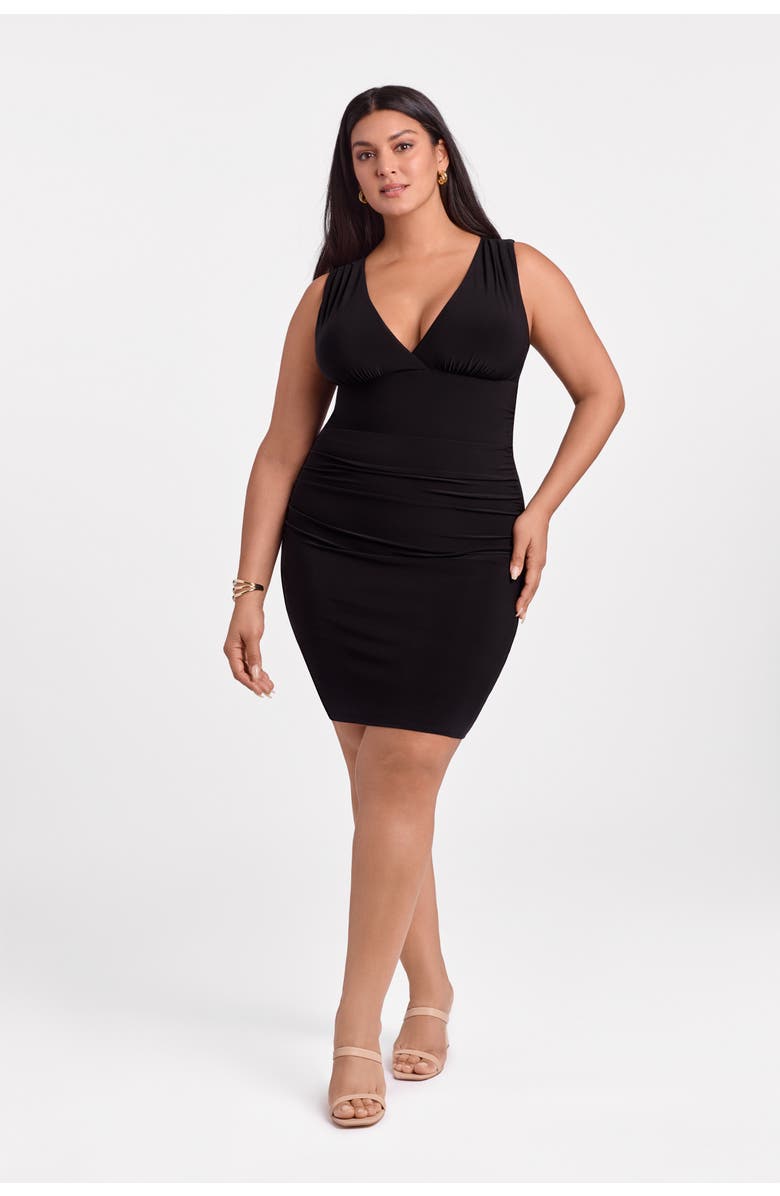 S3 Apparel Sculpting Shapewear Shirred Waist V-Neck Mini Dress, Main, color, Onyx Black