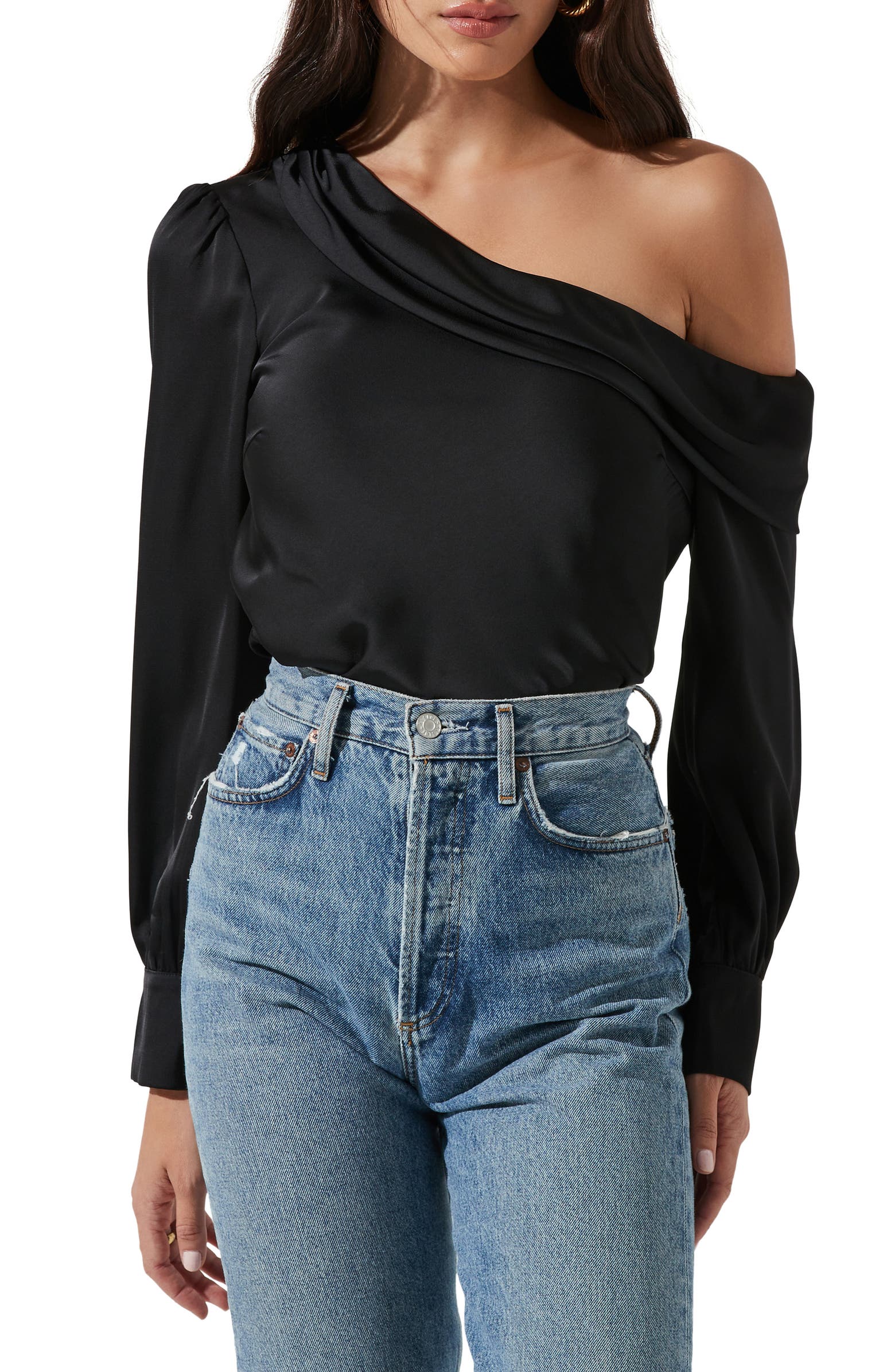 One-shoulder Satin Long Sleeve Top Astr The Label