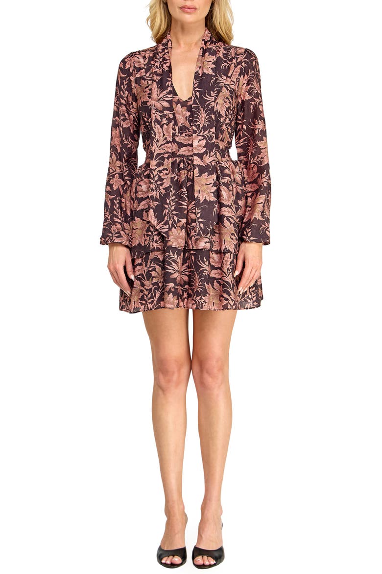 Floral Print Tiered Long Sleeve Minidress, Main, color, BLACK CORAL BRWN