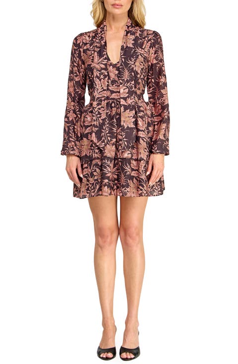 Floral Print Tiered Long Sleeve Minidress