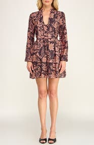 Socialite Floral Print Tiered Long Sleeve Minidress