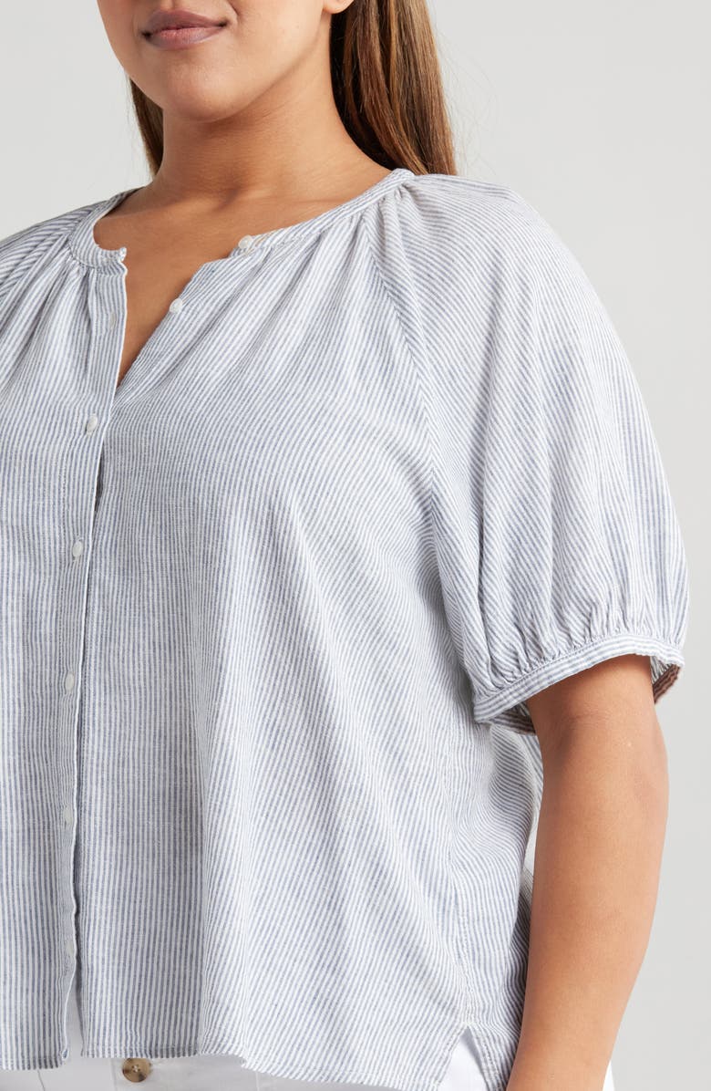 Caslon<sup>®</sup> Stripe Linen Blend Puff Sleeve Top, Alternate, color, Blue Vintage Leah Stripe