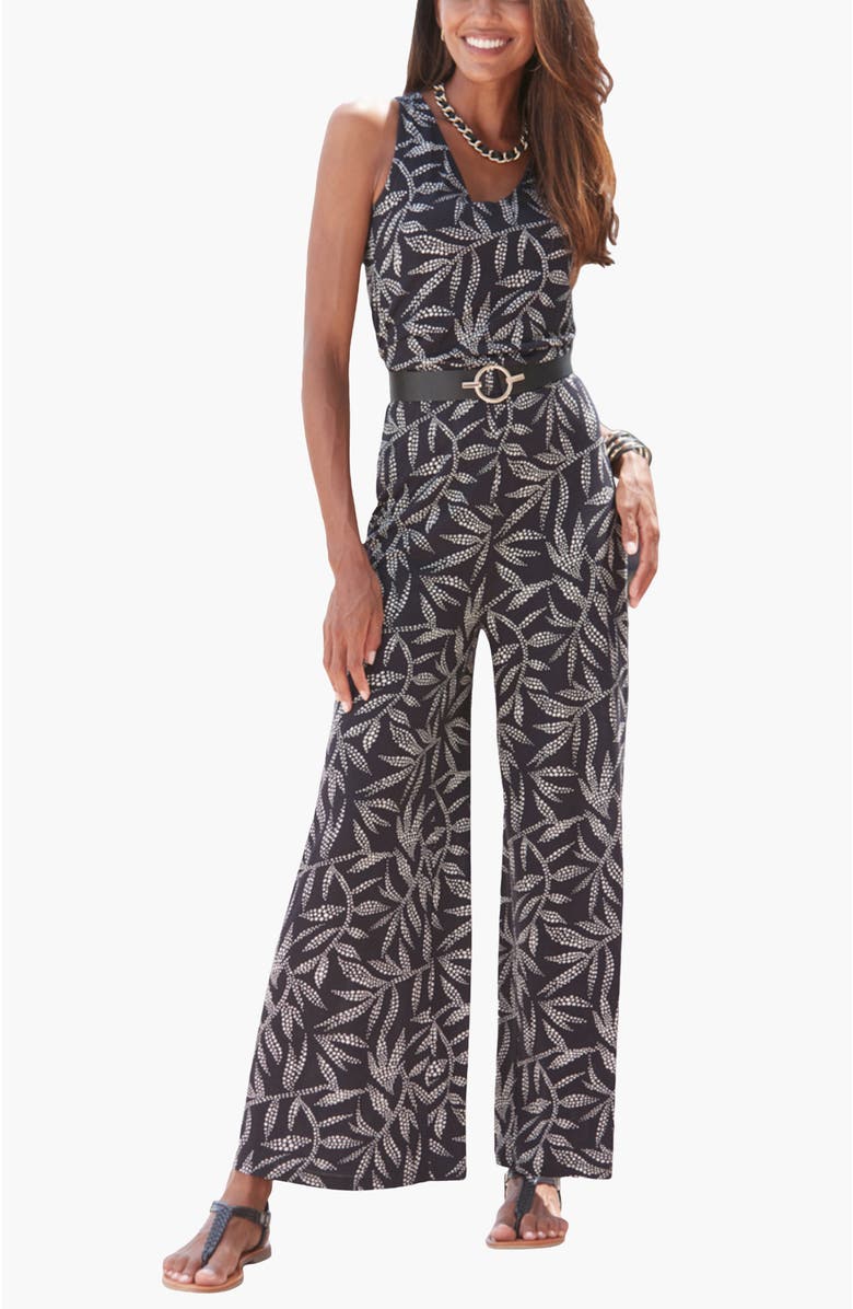 LASCANA Women's Printed Tie Back Jumpsuit, Main, color, Black & Sand