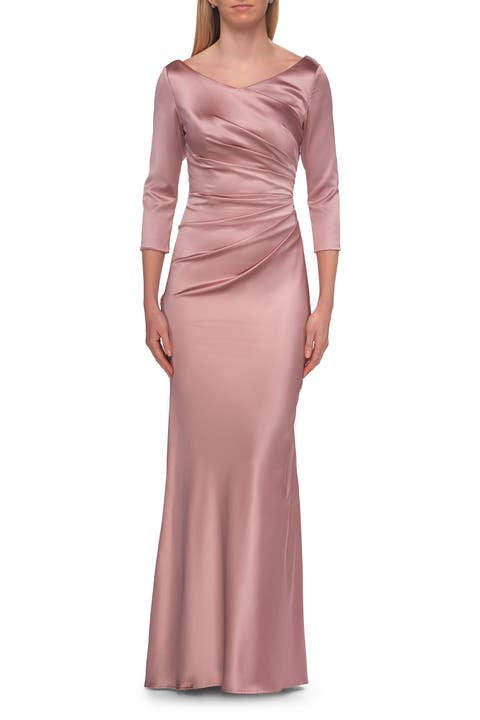 Satin Three Quarter Sleeve Draped Evening Gown