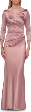 La Femme Satin Three Quarter Sleeve Draped Evening Gown