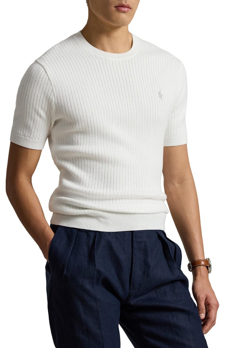 Ribbed Cotton Short Sleeve Sweater, Main, color, DECKWASH WHITE