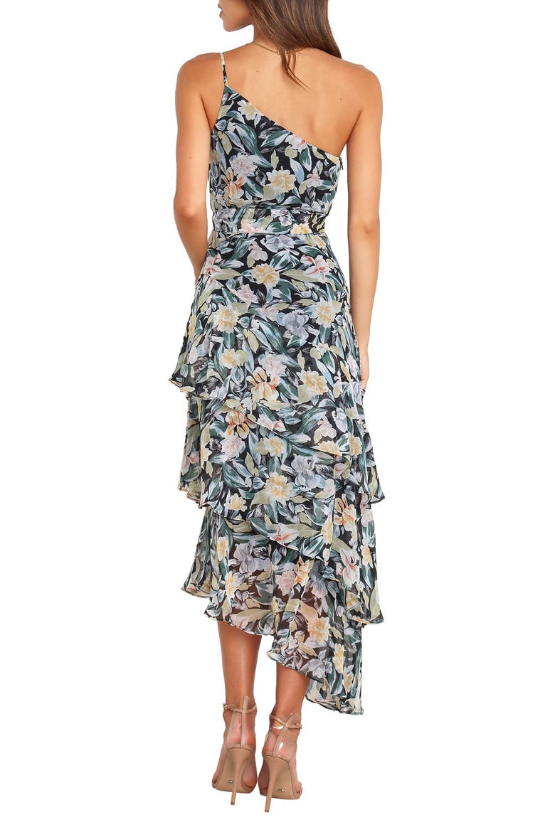 Amren Floral One-Shoulder Tiered Asymmetric Dress, Alternate, color, BLACK