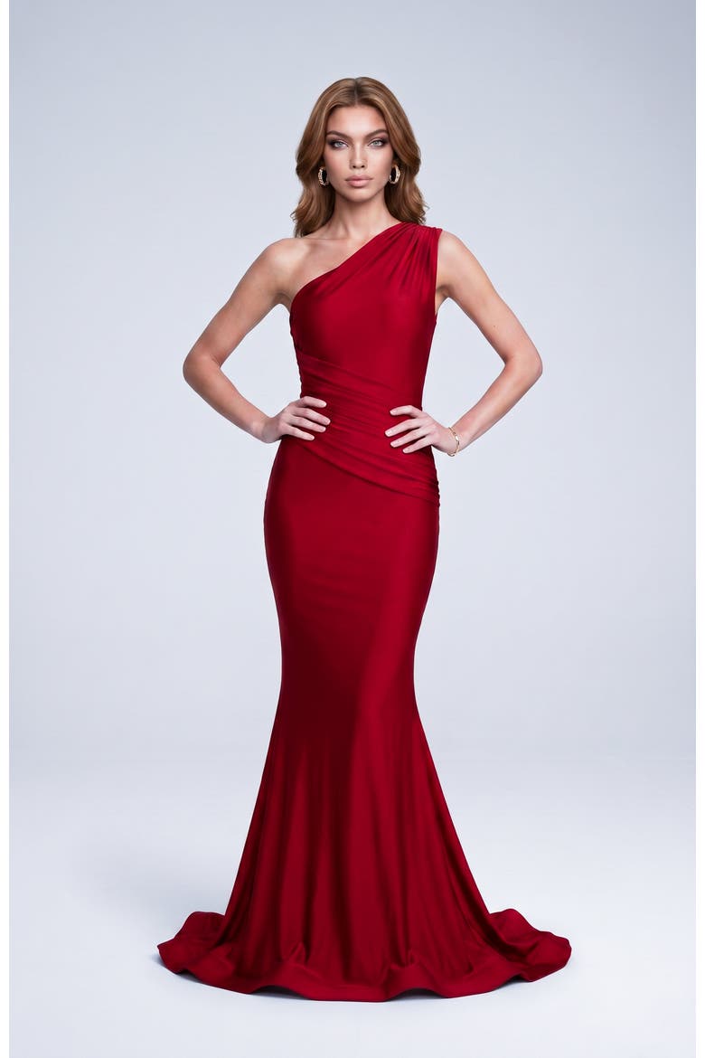 One Shoulder Ruched Mermaid Evening Gown, Main, color, Red