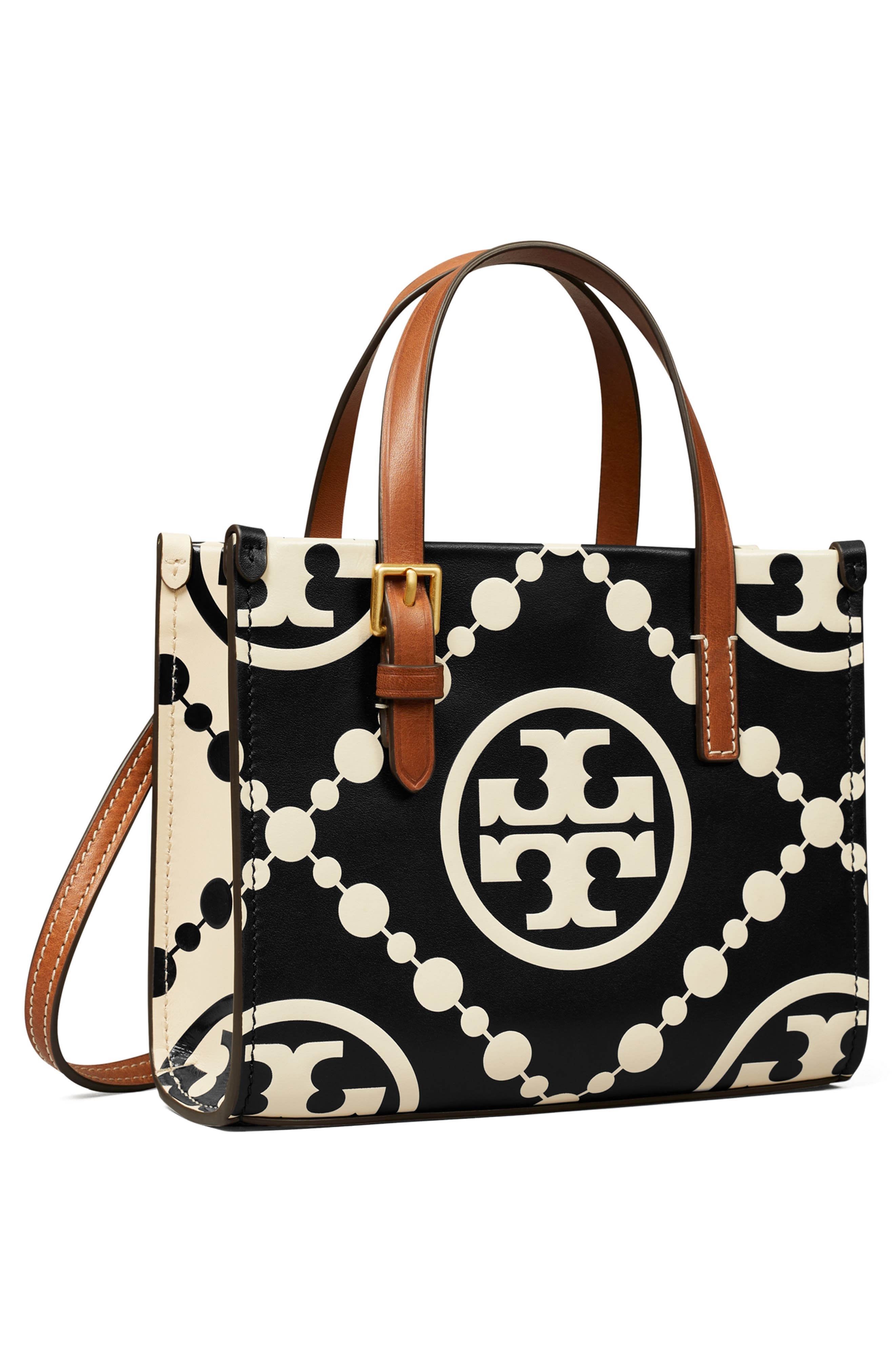 Tory Burch Mini T Monogram Contrast Leather Tote, Alternate, color, 