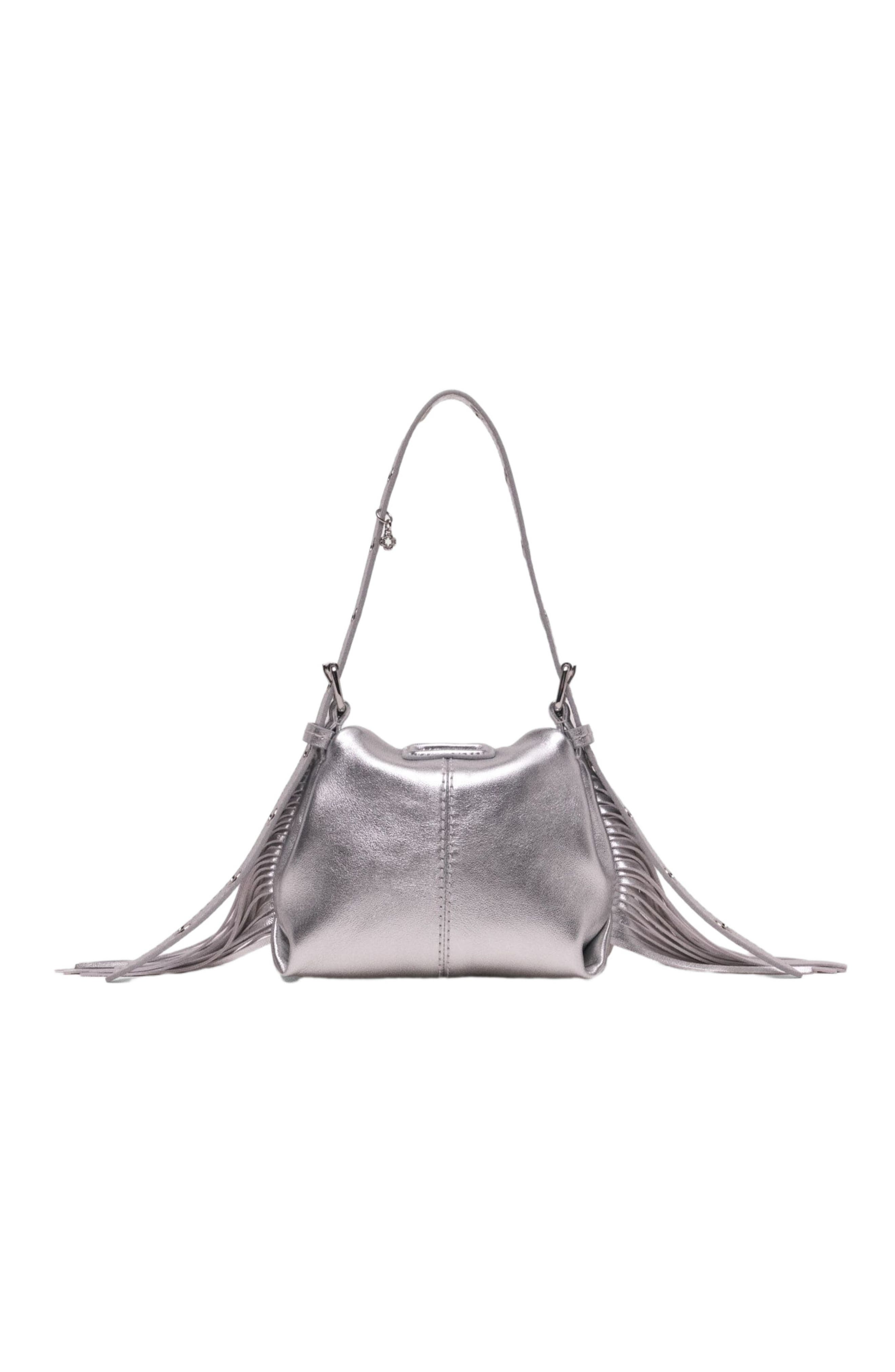 maje Metallic leather Miss M micro bag, Alternate, color, Silver