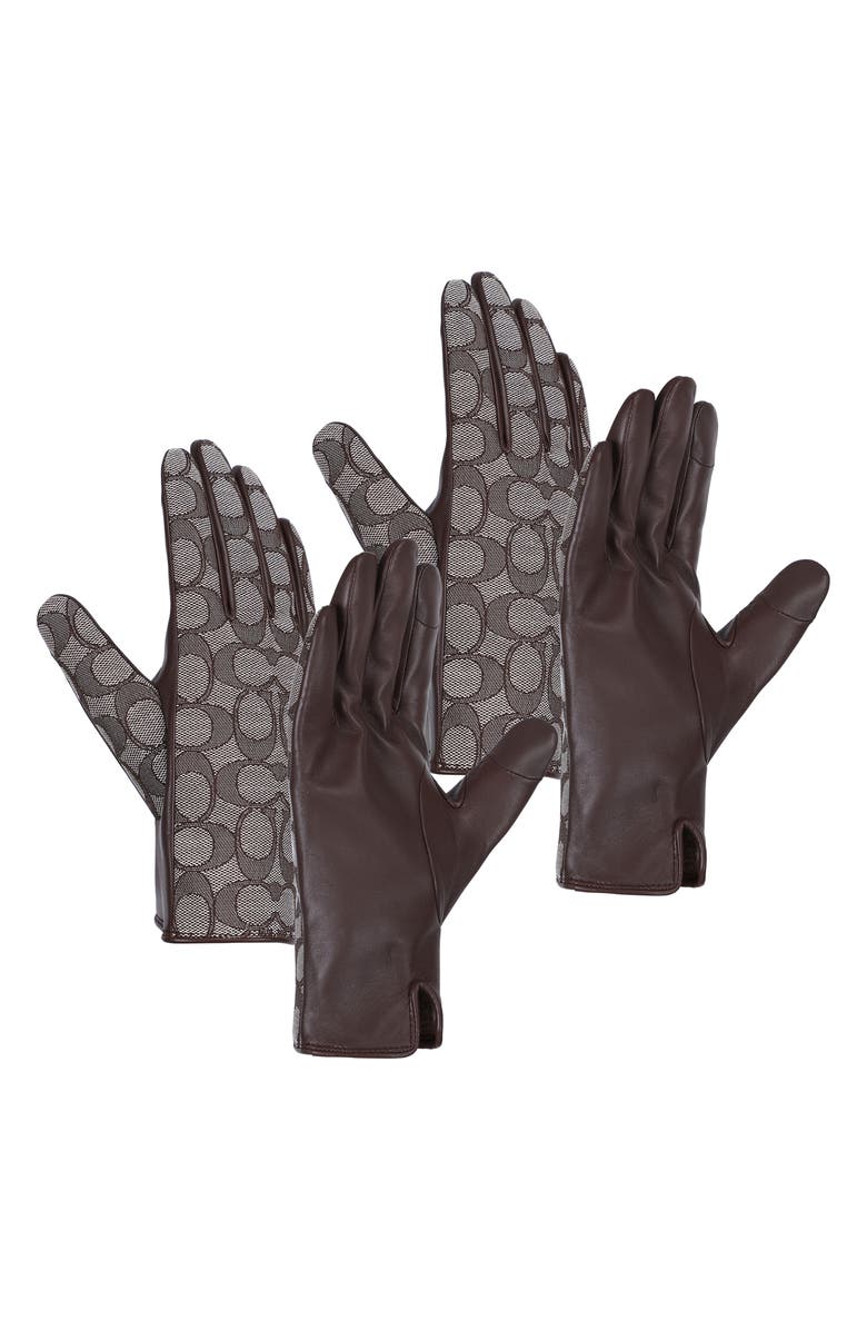 COACH Signature Jacquard Wool Lined Leather Tech Gloves, Alternate, color, Oak