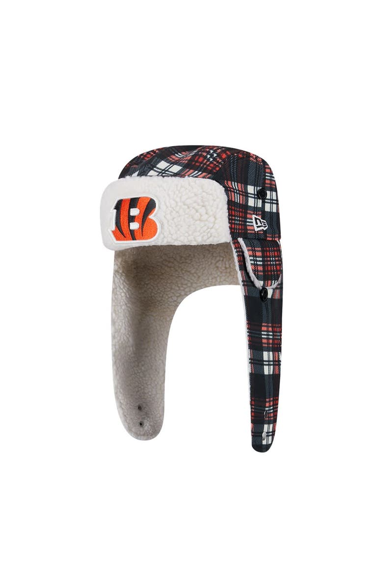 New Era Black Cincinnati Bengals Sideline Plaid Sherpa Trapper Hat, Main, color, Black