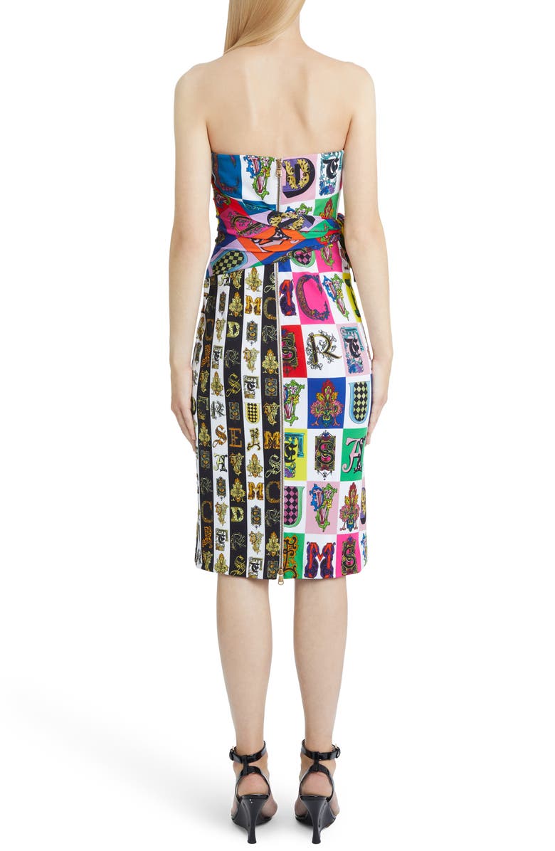 Versace First Line Alphabet Print Strapless Sheath Dress, Alternate, color, 