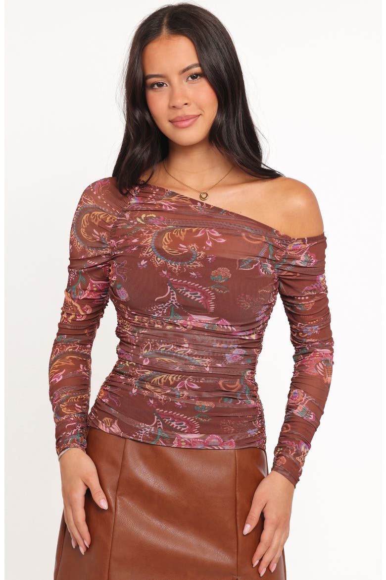 Elfrida Ruched One-Shoulder Mesh Top, Alternate, color, BROWN FLORAL