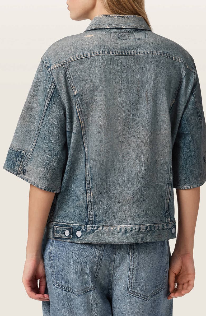 AllSaints Juni Distressed French Terry Denim Shirt, Alternate, color, Illusion Tint Blue