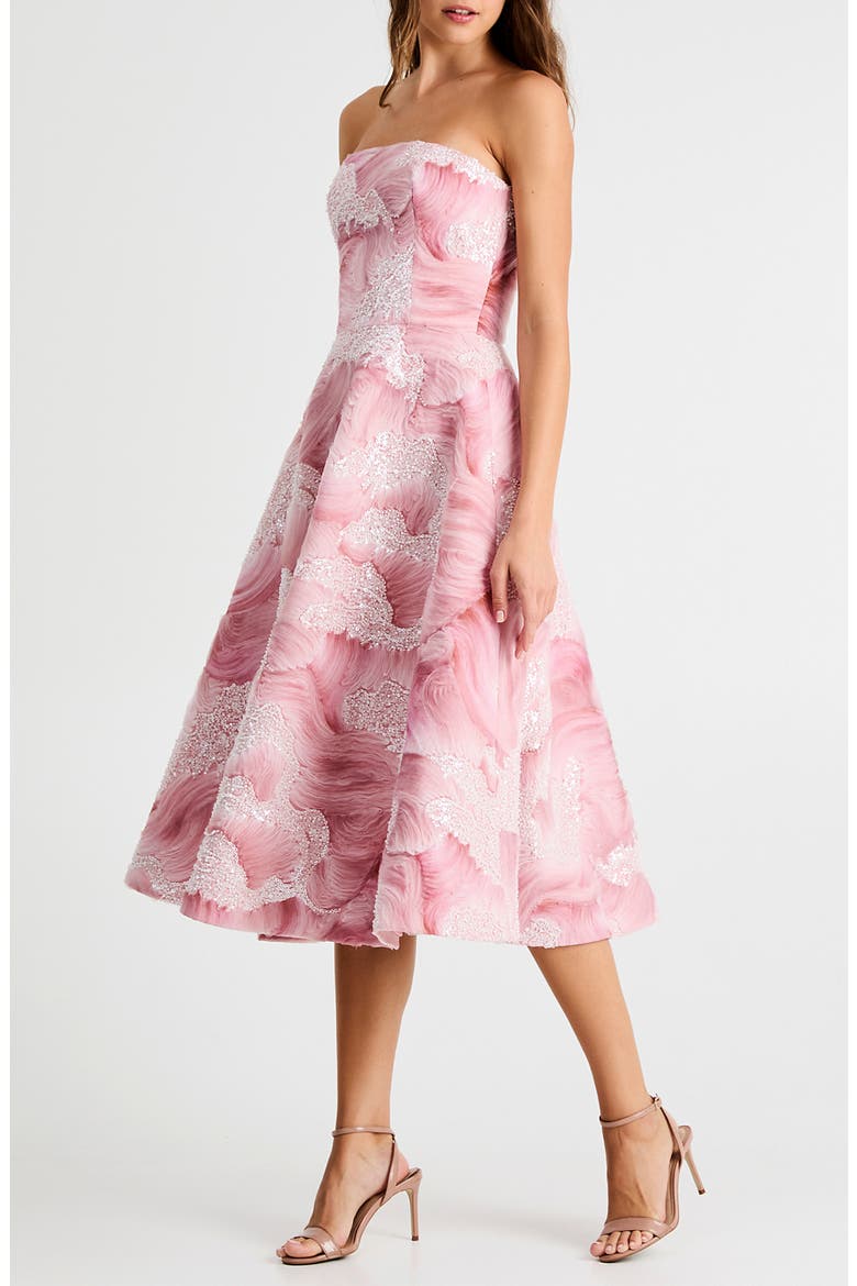 Vivi Bead Detail Print Strapless Cocktail Midi Dress, Alternate, color, ROSE PINK