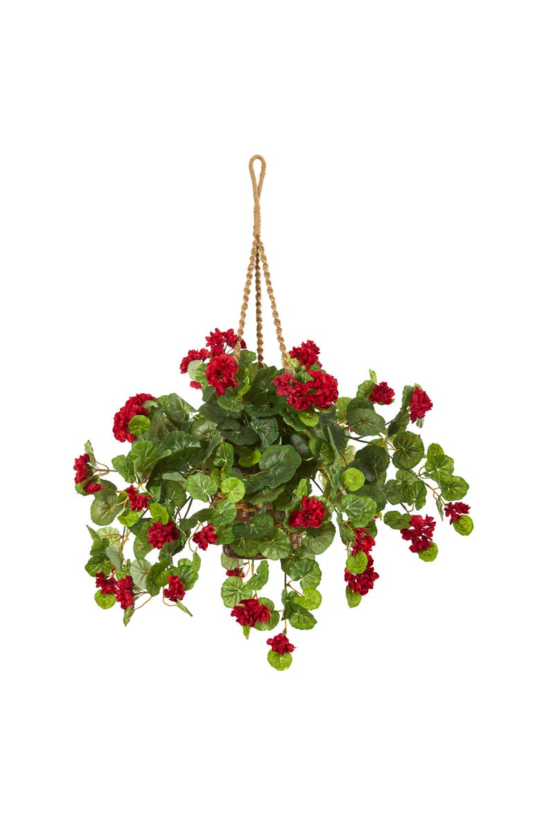 NEARLY NATURAL 27-in Geranium Artificial Plant in Hanging Basket, Main, color, Red