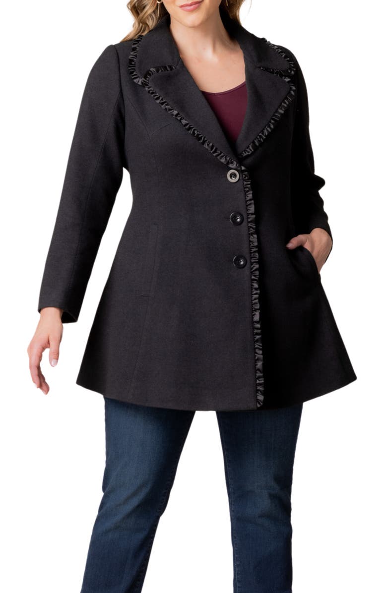 Kiyonna Juliette Satin Trim Princess Seam Coat, Alternate, color, Black Noir