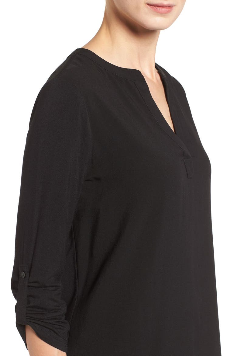 Split Neck Roll Sleeve Tunic, Alternate, color, BLACK