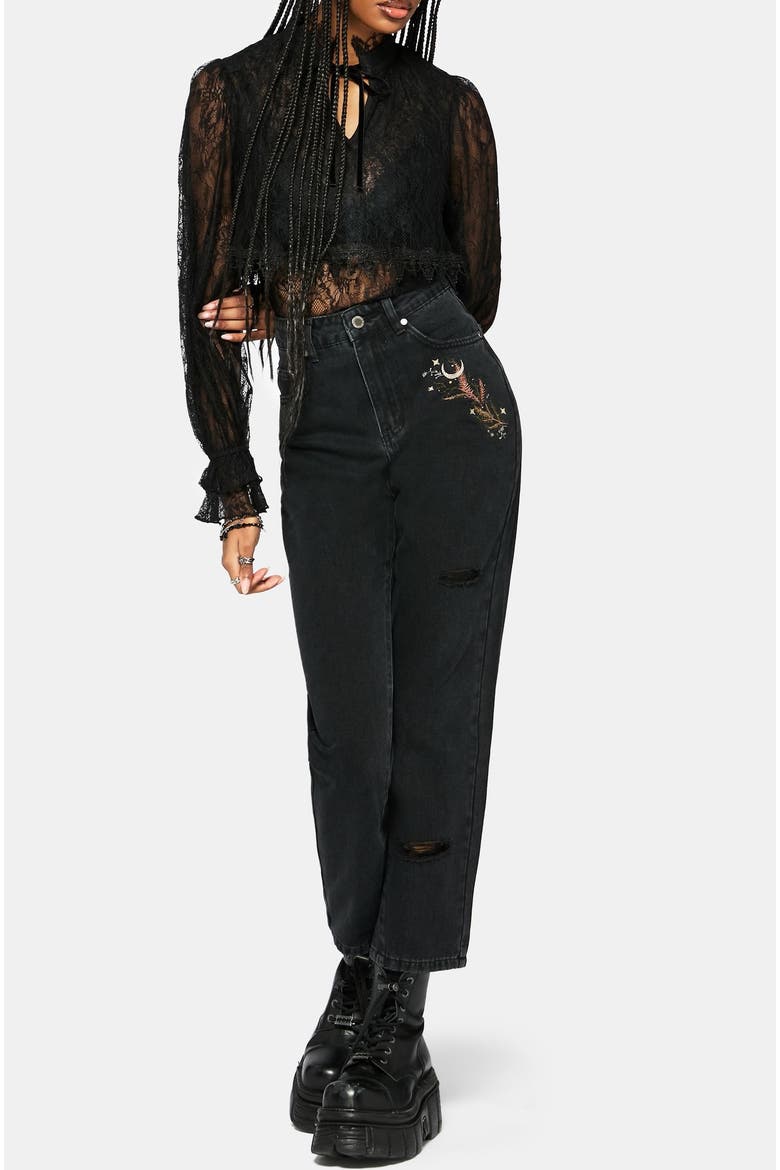 Abellona Embroidered Denim Mom Jeans, Alternate, color, Black