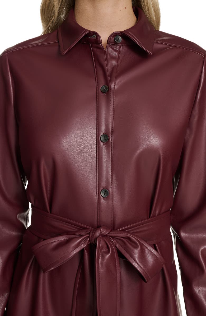 Calvin Klein Long Sleeve Faux Leather Shirtdress, Alternate, color, Syrah