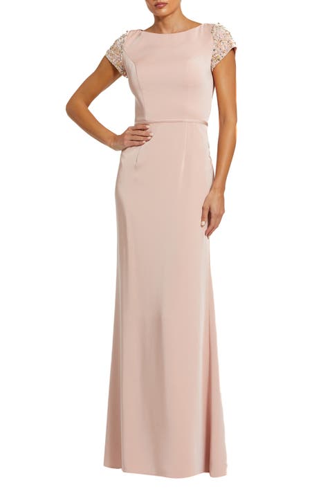 Beaded Cap Sleeve Column Evening Gown