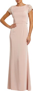 Mac Duggal Beaded Cap Sleeve Column Evening Gown