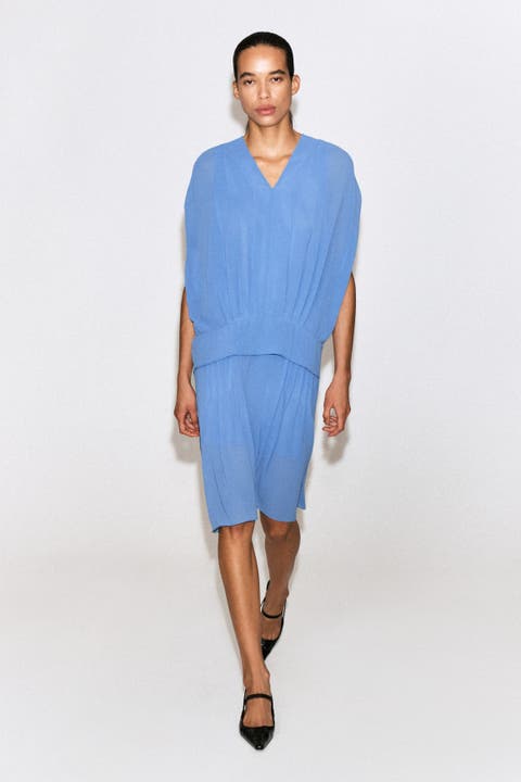 Draped Pleated V-Neck Midi Dress