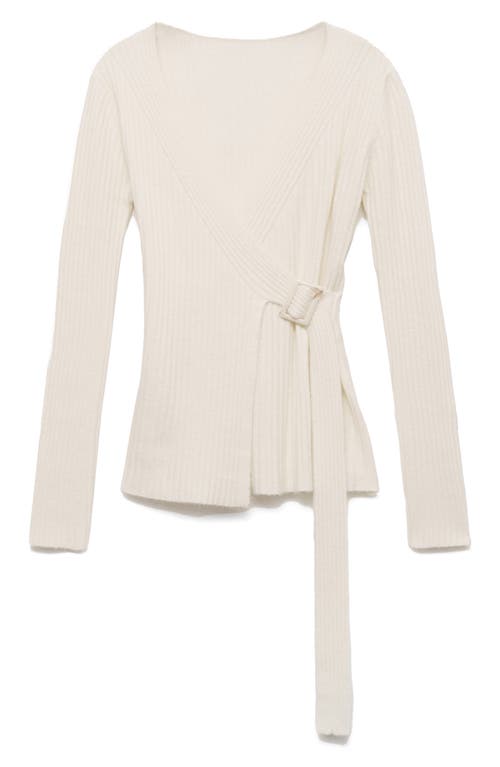 Mango Rib Buckle Wrap Cardigan In Ecru