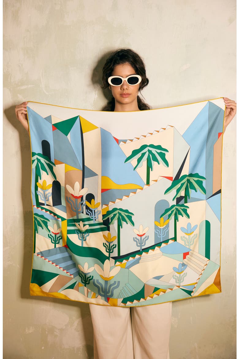 Double Sided Silk Scarf of Tropical Breeze, Alternate, color, Blue